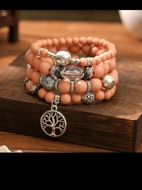 A011 Tree of Life Stretch Bracelet Stack - Peach Beaded Women’s Jewelry